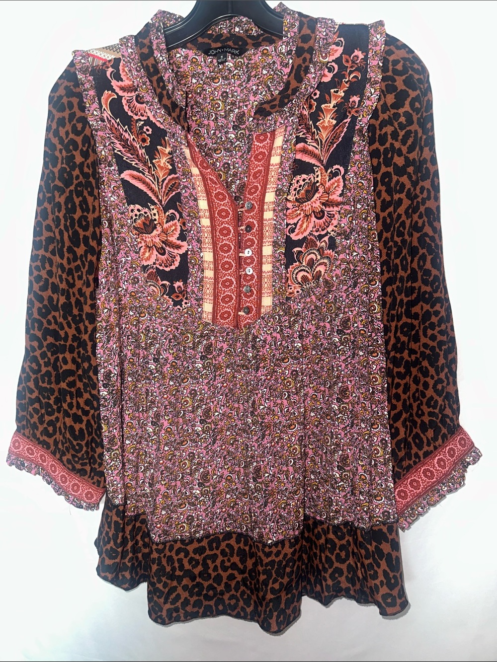 John Mark Pink Floral and Brown Leopard Mixed-Print Tunic